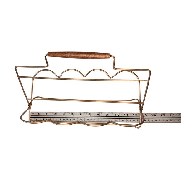 Vintage Mid-century Modern Gold Metal  8 Glass Holder Caddy Wooden Handle - Picture 6 of 10